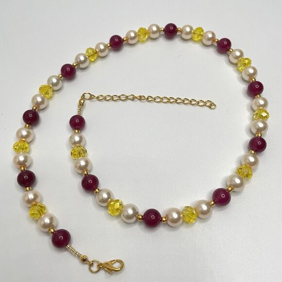 Earth mined Red Gemstone Glass Pearl Yellow Glass Beaded Necklace Statement - Picture 2 of 7